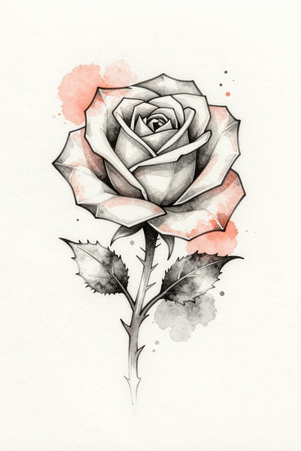 Hand tats for women geometric rose watercolor style flash, angular faceted petals, coral watercolor bleed into charcoal outline skeleton, asymmetric flowing composition on white paper