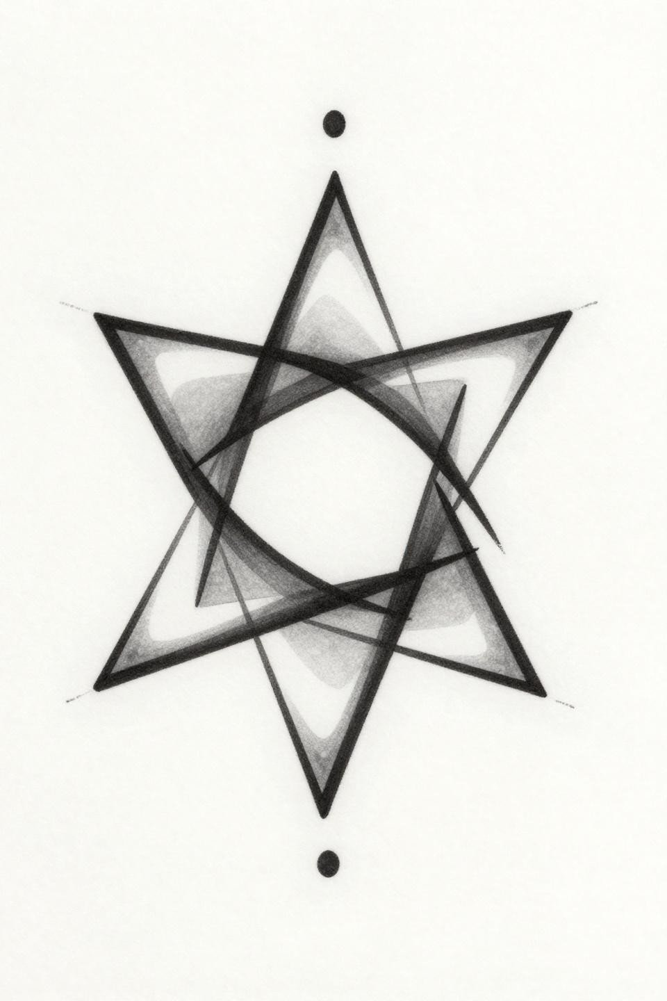 Cool hand tattoo single continuous line style abstract interlocking triangles flash, zero fill pure outline weight, centered dot accent, clean vector-precision linework on white paper