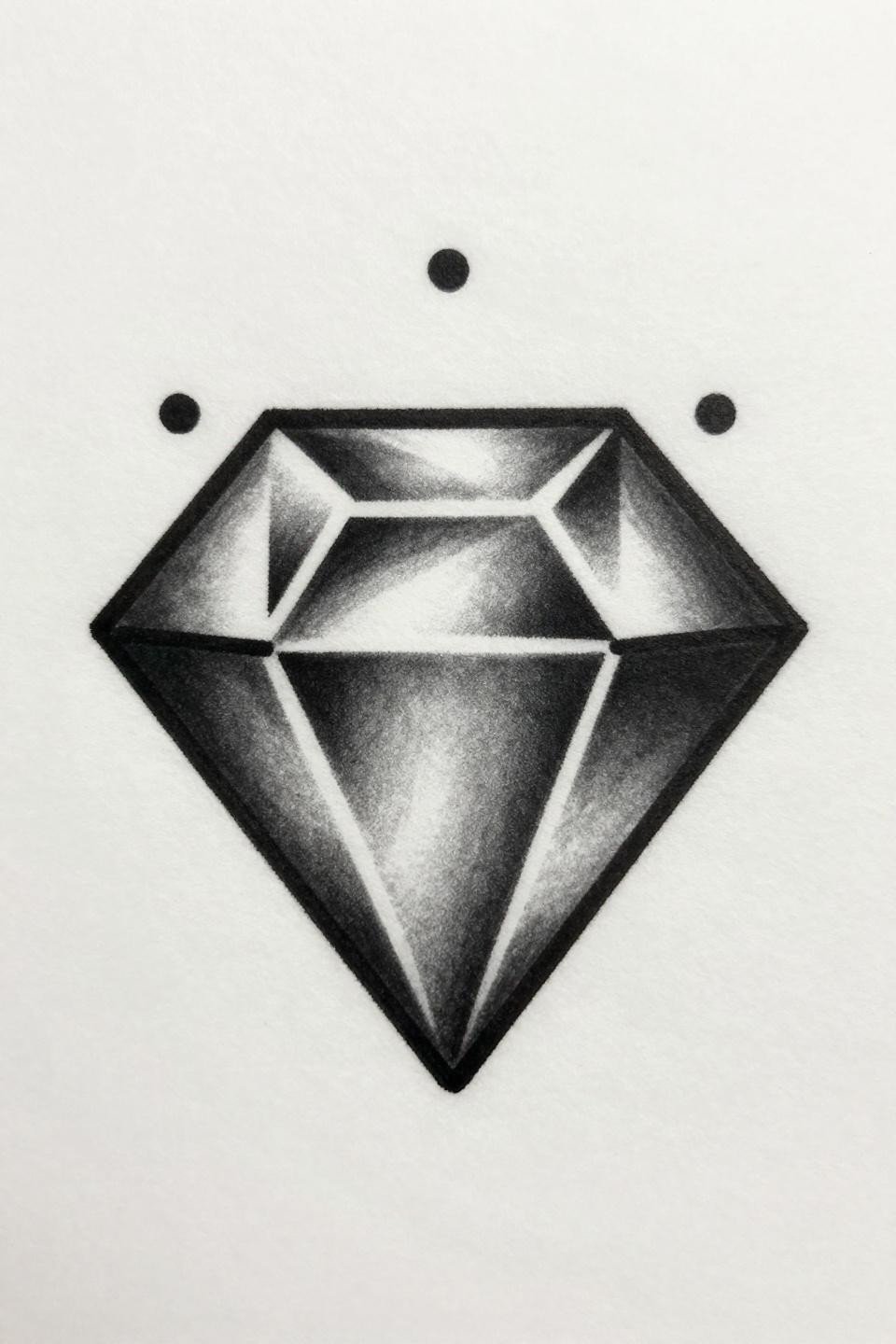 Finger tat ignorant style geometric diamond flash, bold 3pt single-stroke outline, flat black fill, three micro dot accents at cardinal points on white paper