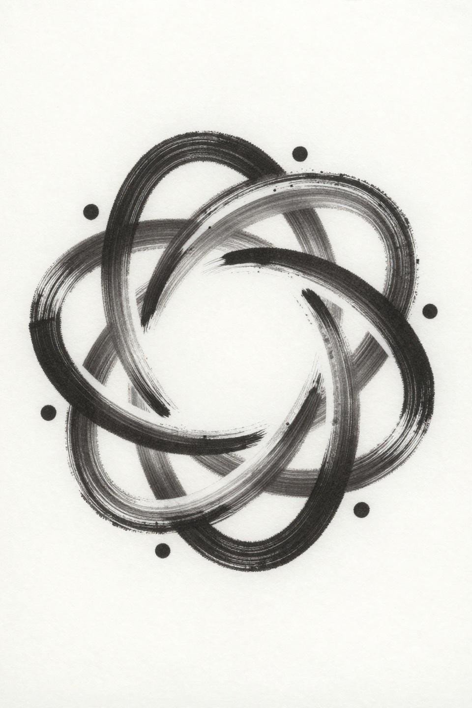 Inside finger tattoo Japanese irezumi infinity loop flash, continuous single brushstroke figure-eight, wet ink calligraphic stroke weight variation, micro dot accents on white paper