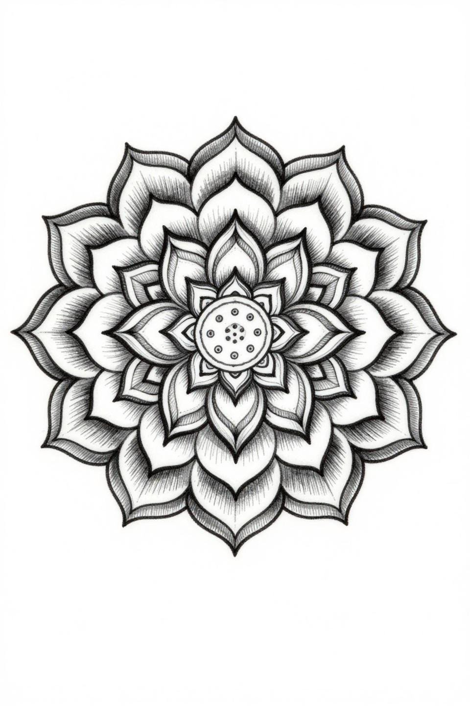 Aesthetic hand tattoo lotus mandala fine line flash, 0.5mm single-needle hairline strokes, botanical scientific style, concentric petal geometry on white paper