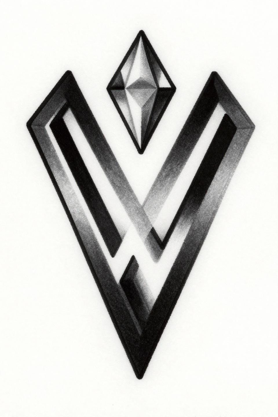 Back of hand tattoo neo-traditional shield symbol flash, three intersecting angular brackets, diamond apex accent, bold 2-3pt black outlines with flat fills and negative space cutouts on white paper