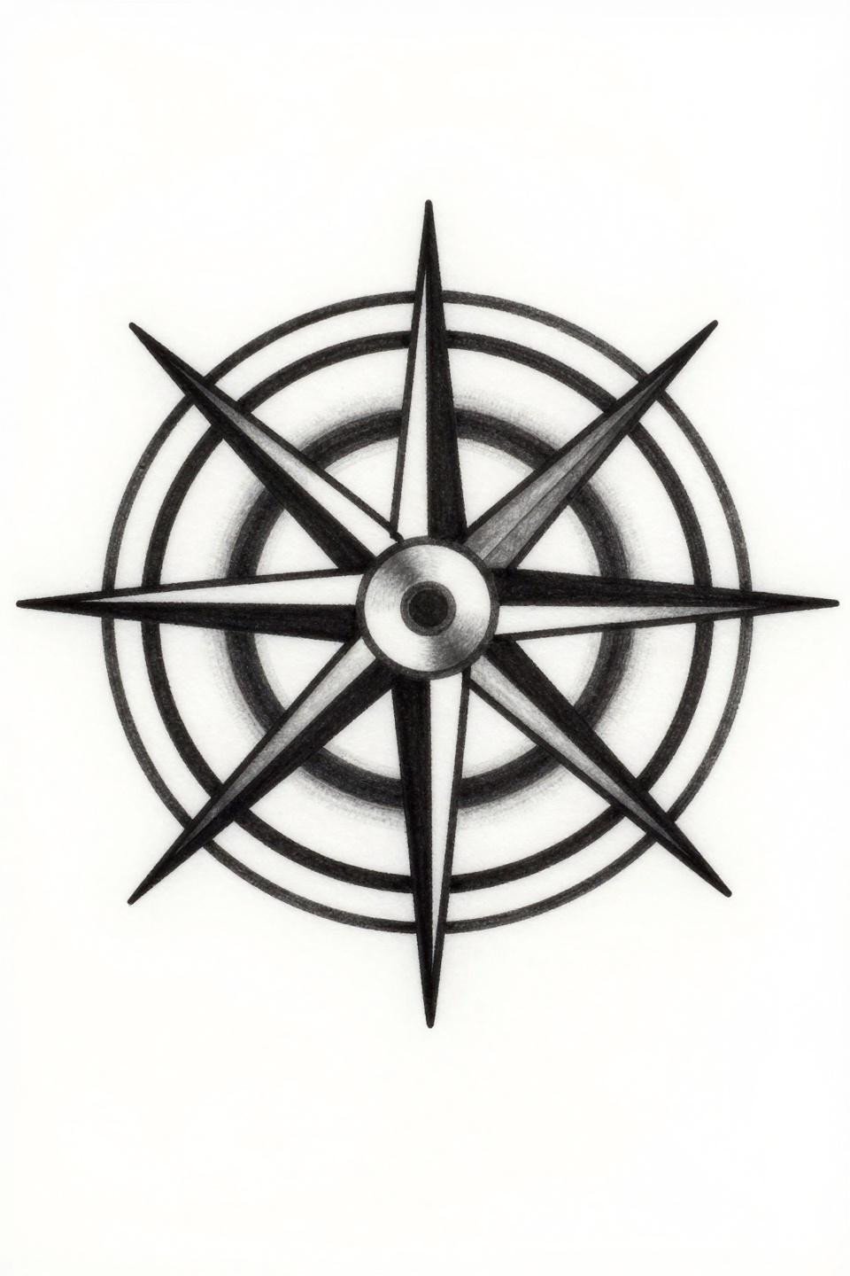 Sak Yant style mandala compass rose hand tat flash, eight-pointed star, bold 2-3pt outlines, flat black fills, bilateral symmetry on white paper