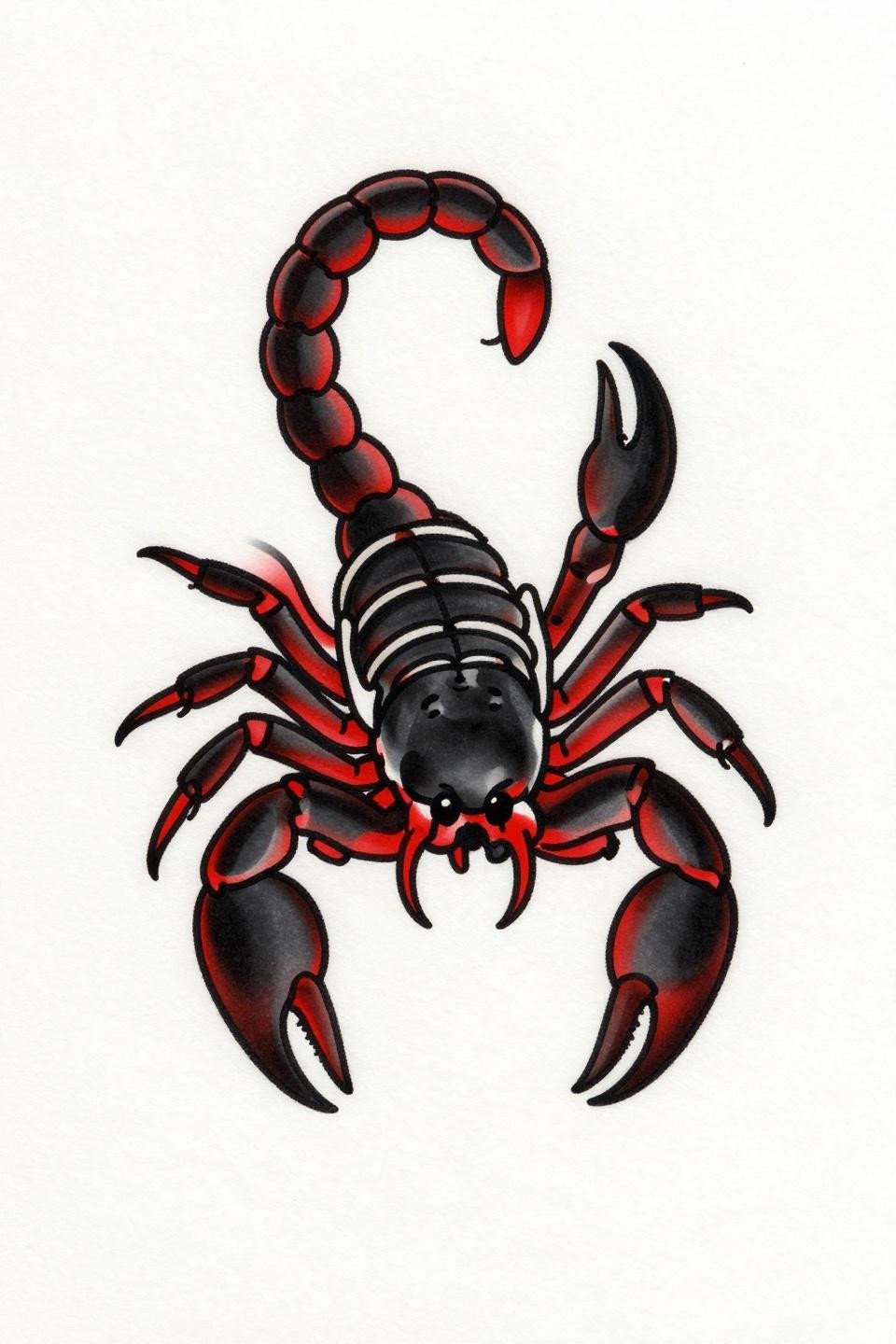 Hand tattoo designs old school sailor style scorpion flash, bold 2-3pt black outlines, crimson red flat color fill on black ink, curved tail coiled upward on white paper