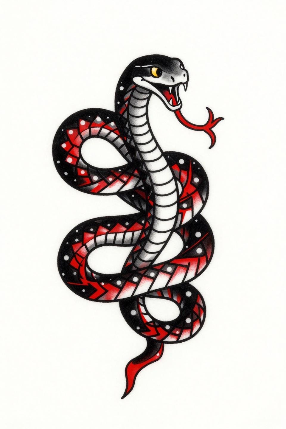 Creative hand tattoo trash polka style geometric serpent flash, figure-eight coil, angular scaled segments, jagged crimson red slash cuts across solid black ink on white paper