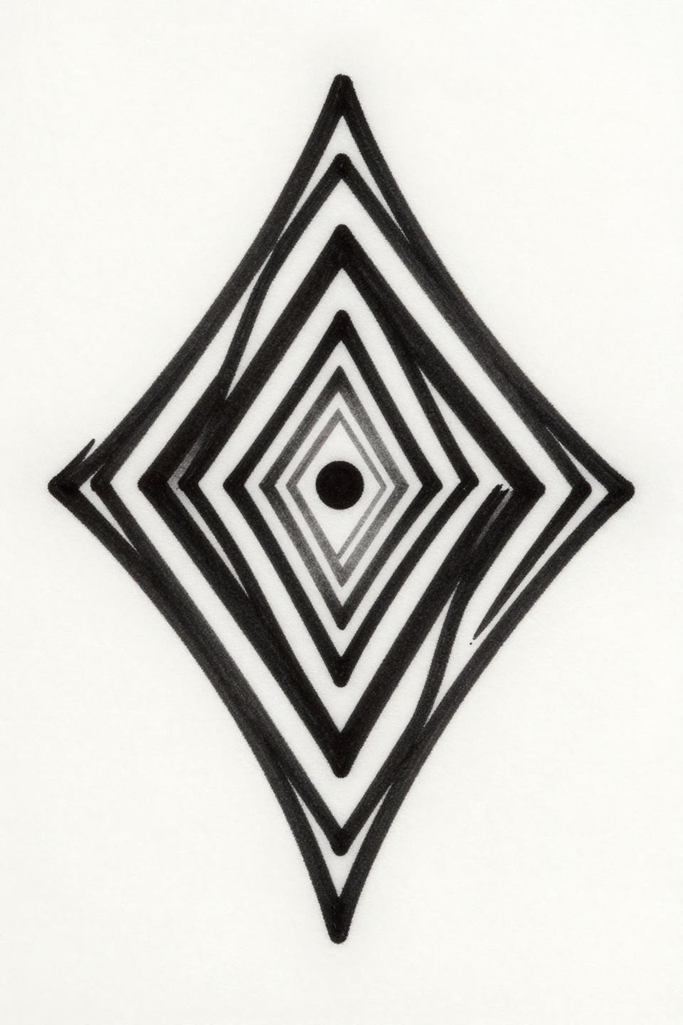 Creative hand tattoo tribal geometric flash, equilateral triangle nested horizontal line divisions, high-contrast solid black fills, thick 3pt outline weight diamond frame on white paper