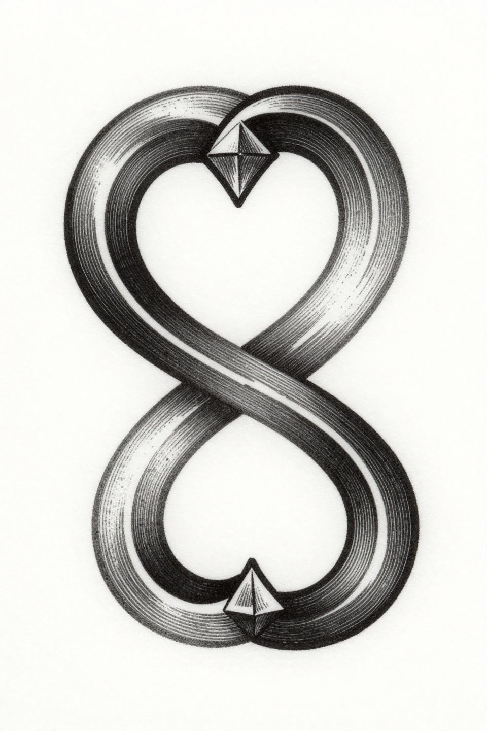 Hand tatts woodcut etching style flash, two intersecting curved arcs forming infinity loop, parallel line engraving texture, fine crosshatch shadows, bold outline weight on white paper