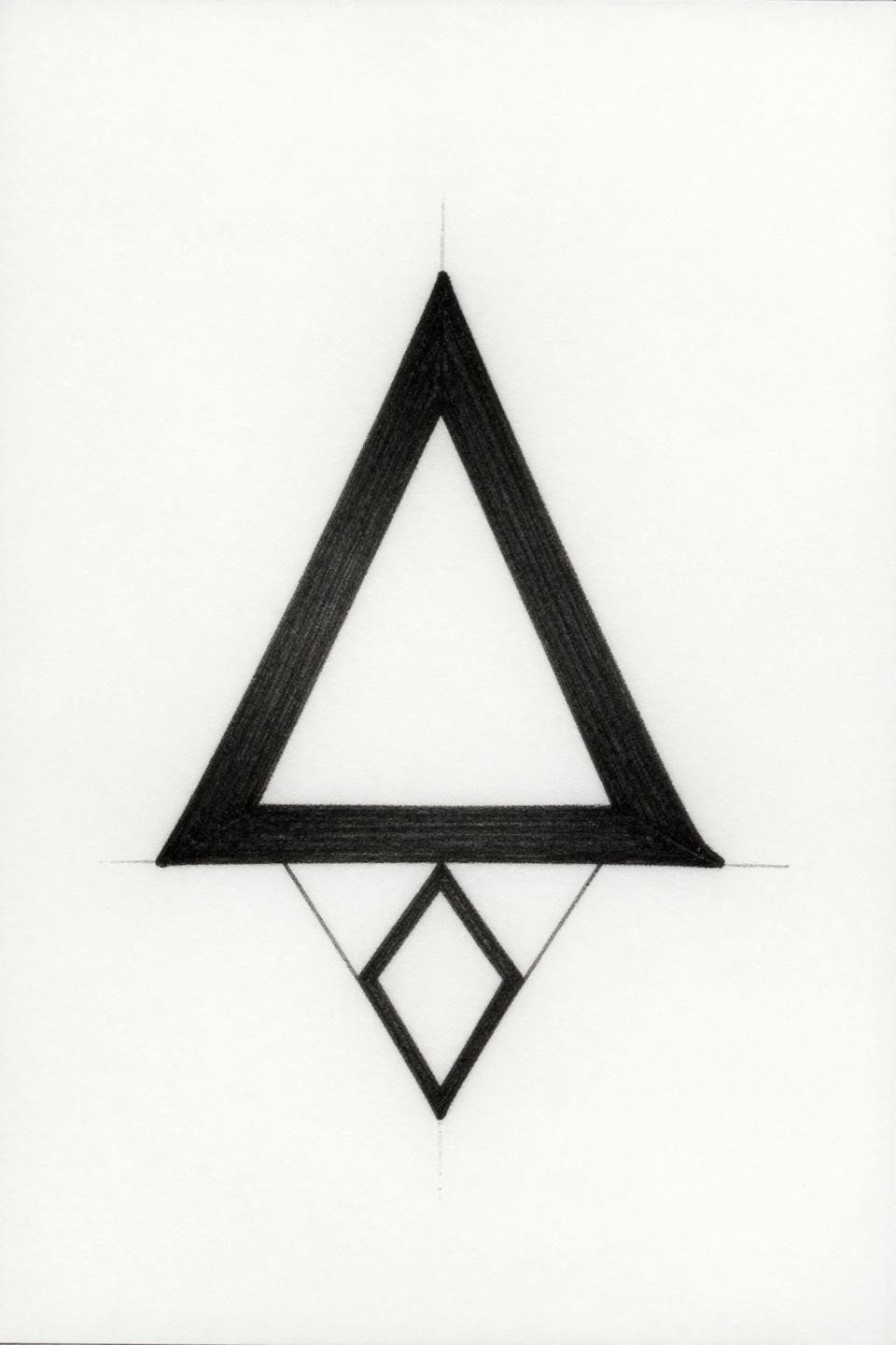 Art Deco hidden tattoo flash, equilateral triangle with serif initial M, diamond frame border, 1pt uniform stroke vector linework on white paper