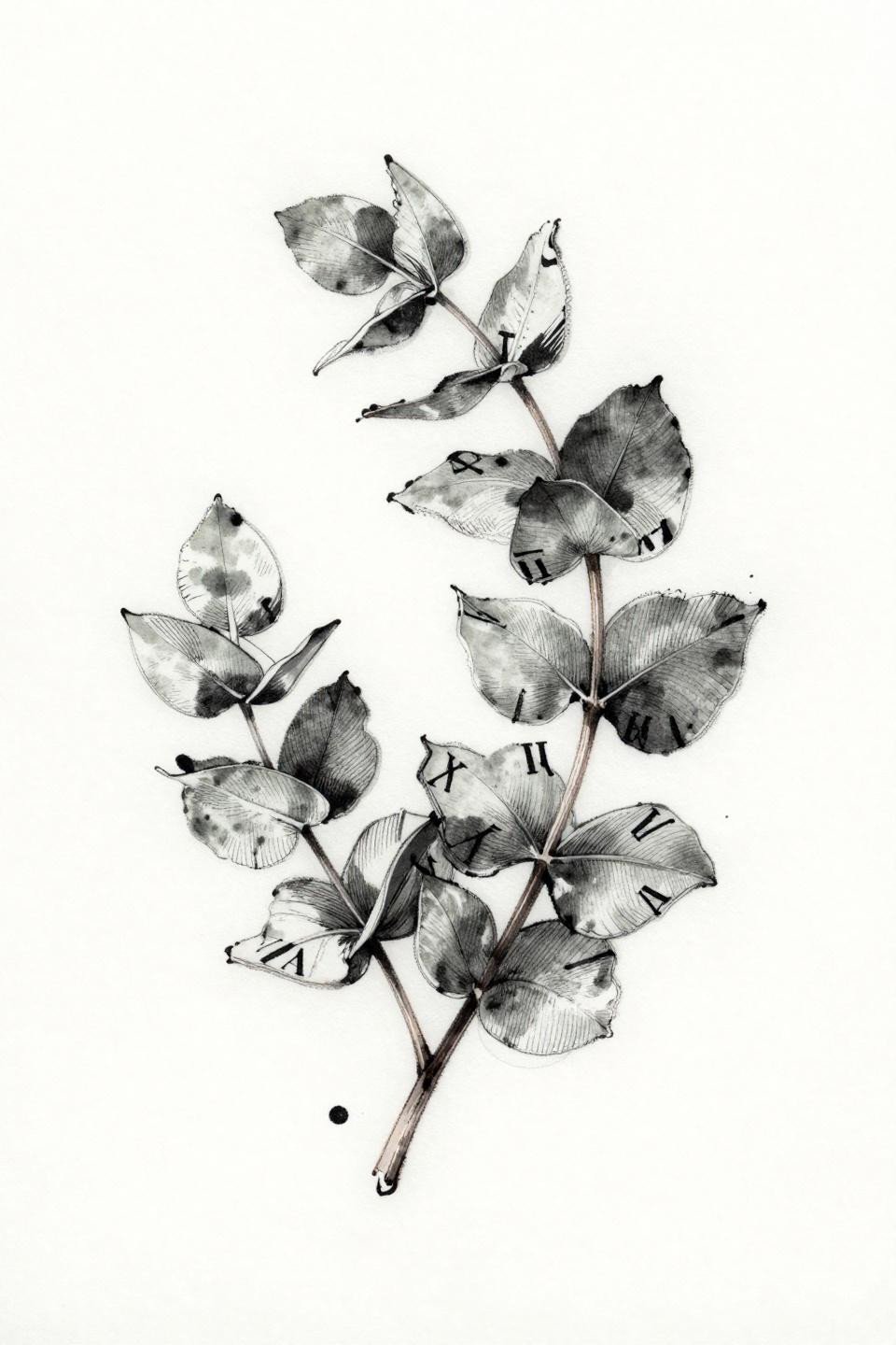 Botanical hidden tattoo flash, Roman numeral birthdate in micro serif font inside asymmetric eucalyptus wreath, grey wash midtones, brush and ink gestural linework