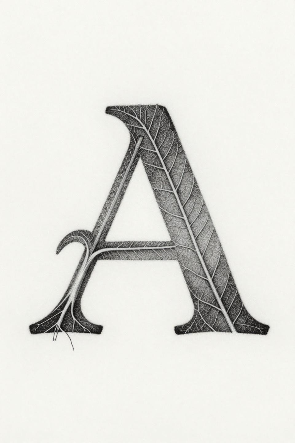 Botanical letter A hidden tattoo flash, leaf vein architecture linework, midrib spine capillary networks, 0.5mm single-needle weight variation, grey wash dilution on white paper