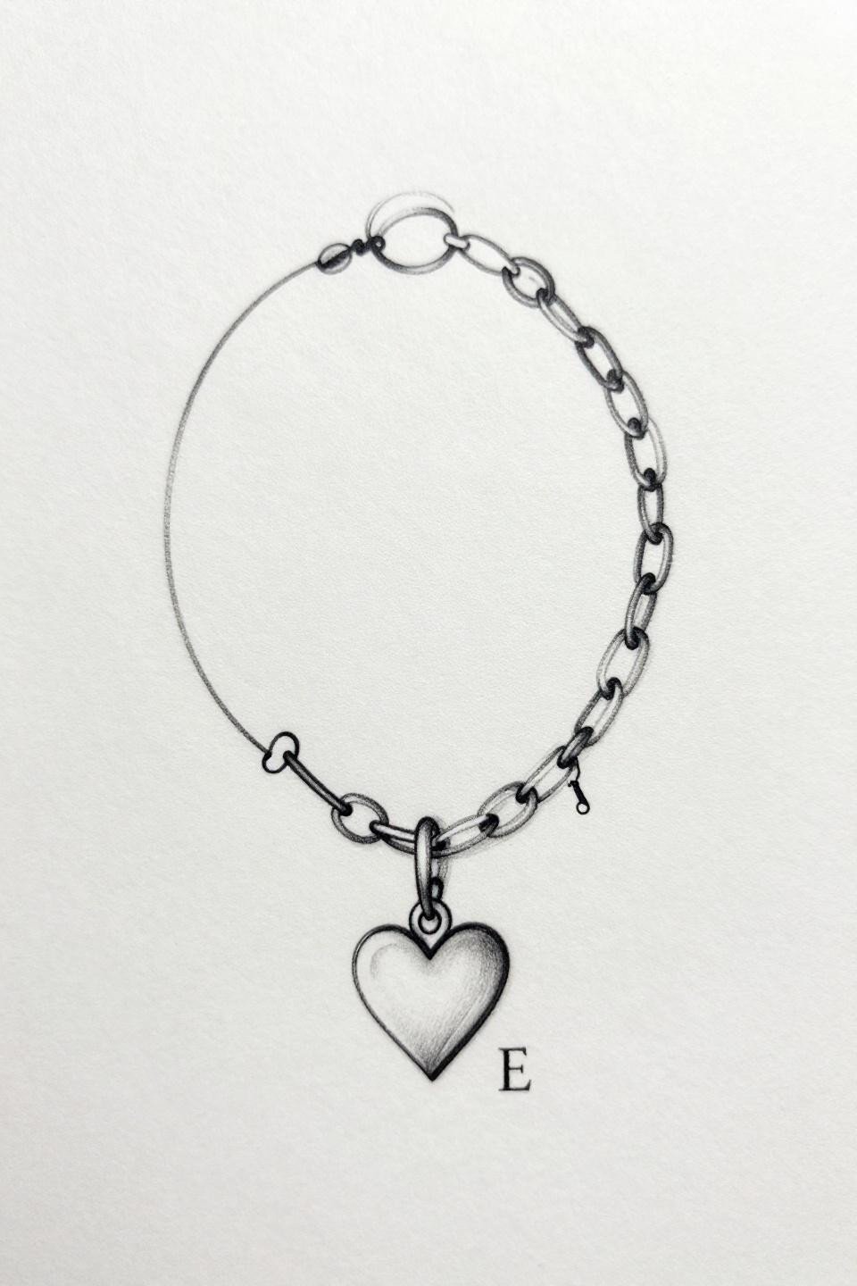 Fine line bracelet chain hidden tattoo flash, single continuous hairline 0.5mm 1RL stroke, dangling heart charm, micro serif initial letter, open negative space on white paper