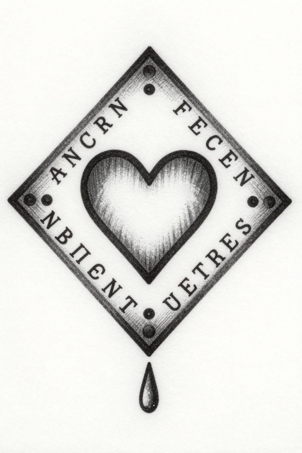 Geometric heart inside diamond frame hidden tattoo flash, etching woodcut style, micro serif latitude longitude coordinates, parallel engraved hatching border fill only