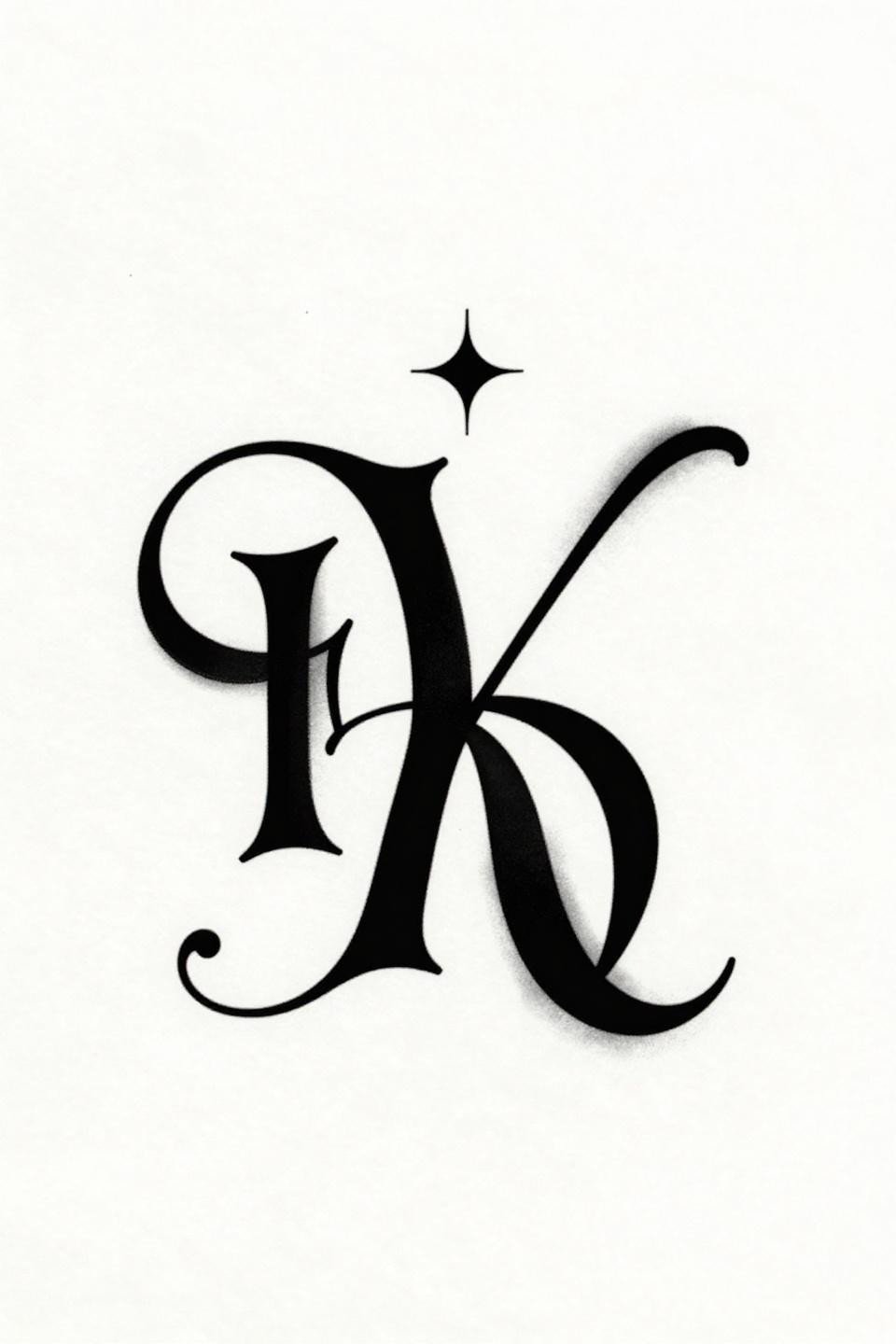 Art Nouveau monogram hidden tattoo flash, two interlocked serif initials, 1pt sharp vector outlines, ornamental dot flourish, flat fills, centered composition on white paper