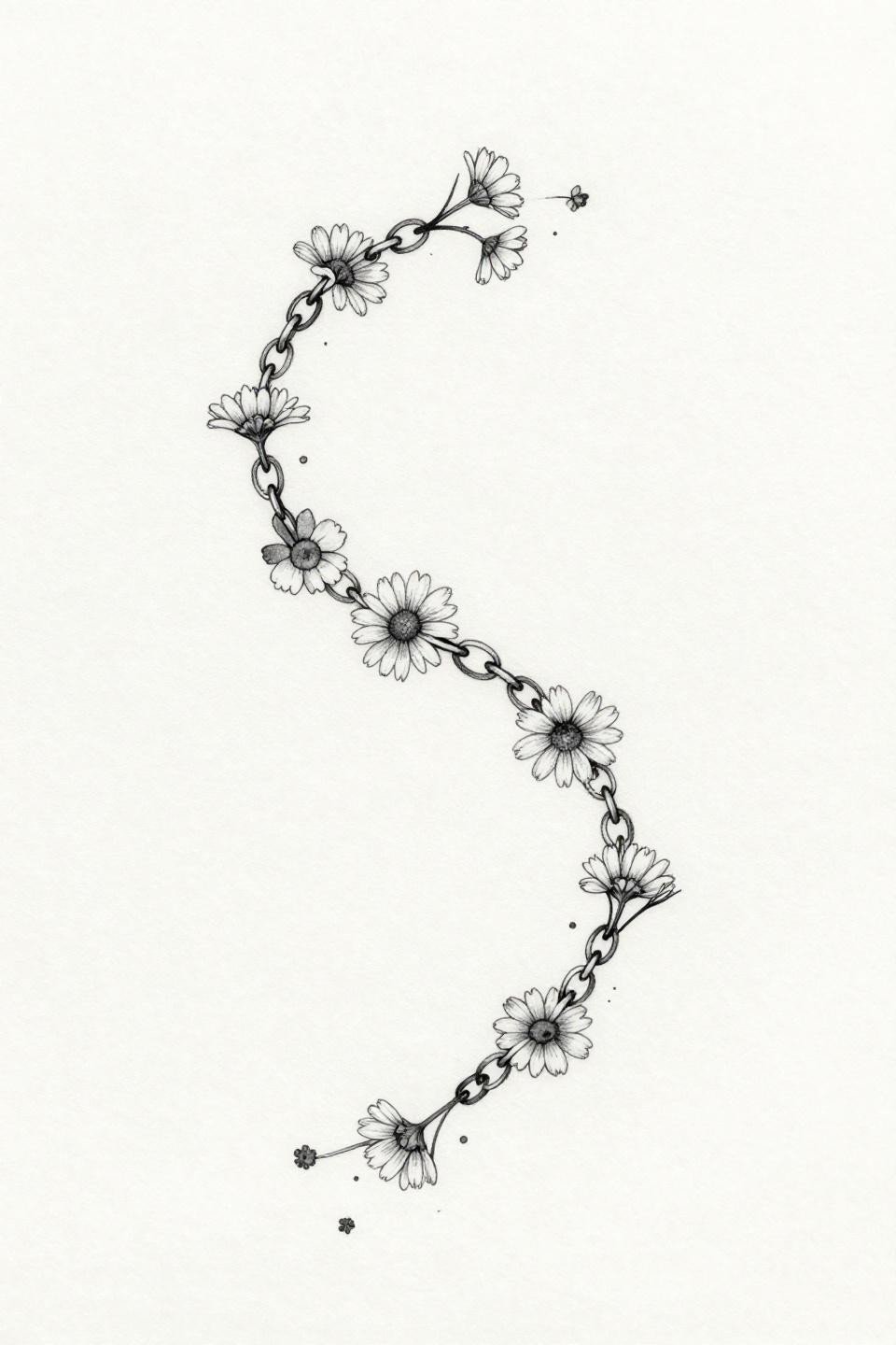 Botanical bracelet chain ankle tattoo flash, fine line minimal, chamomile clover wildflower silhouettes, hairline 0.5mm single-needle strokes, open oval links, zero fills on white paper