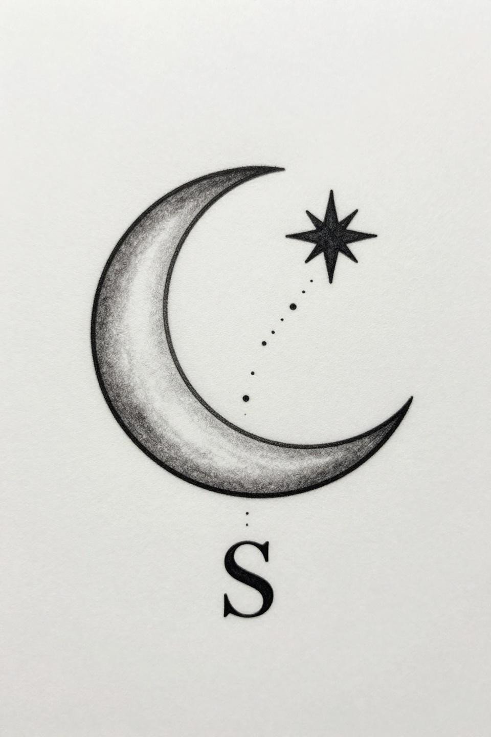 Crescent moon star constellation hidden tattoo flash, fine line minimal, 0.5mm single-needle hairline strokes, serif initial S, micro dotted constellation trail, open negative space