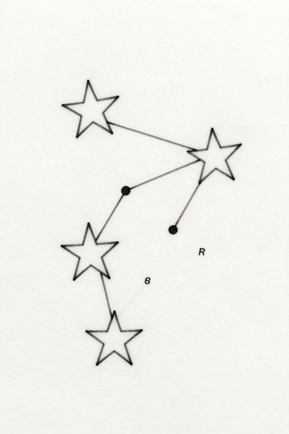 Fine line constellation finger hidden tattoo flash, three stars open triangle formation, 0.5mm single-needle hairline strokes, zero fills, micro coordinate numerals, open negative space