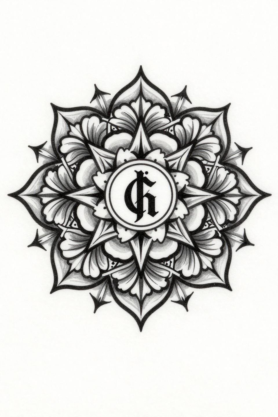 Tribal geometric mandala hidden ankle tattoo flash, micro floral units, angular rays, ampersand core, bold 2-3pt black outlines flat fills on white paper