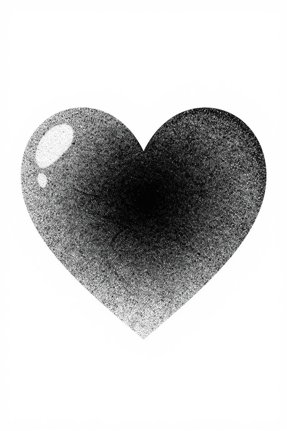 Dotwork heart hidden tattoo flash, blackwork stipple dot gradient, dense center core radiating to open edges, no outlines, pure dot density mapping, grey wash via dot spacing