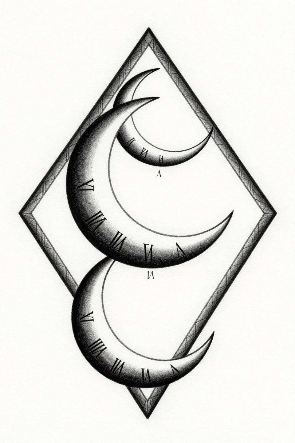 Art Deco moon phases hidden tattoo flash, three crescent geometric arc sequence, diamond frame angular border, micro Roman numerals, compass-drafted grey wash linework on white paper