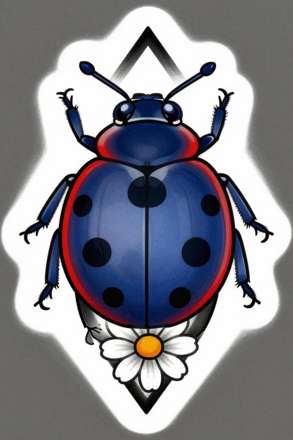 ladybug tattoo art deco flash, bold 3pt black outlines, flat deep indigo and crimson fills, diamond frame border, daisy perch composition