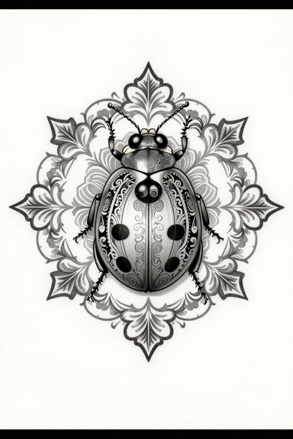 ladybug tattoo Art Nouveau flash, ornate filigree elytra patterns, spiral-coiled antennae, three-petal floral mandala frame, bilateral symmetry, vector-precision linework with grey wash midtones