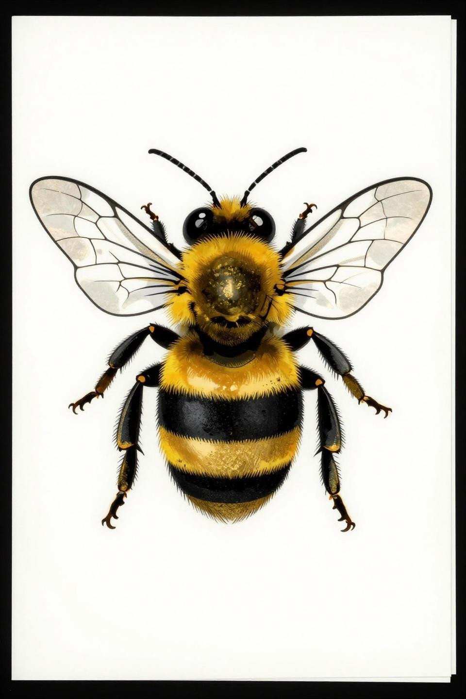 bumblebee tattoo Japanese irezumi flash, frontal hover position, flat gold leaf and black ink, transparent wing vein networks, bold 2-3pt outlines, no other color