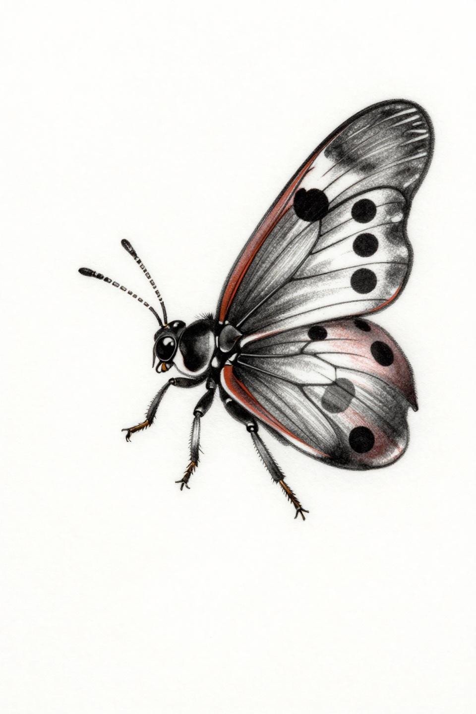 ladybug tattoo chicano grey wash flash, flight posture with open elytra, translucent hindwing vein mapping, volumetric shading, no solid black fields