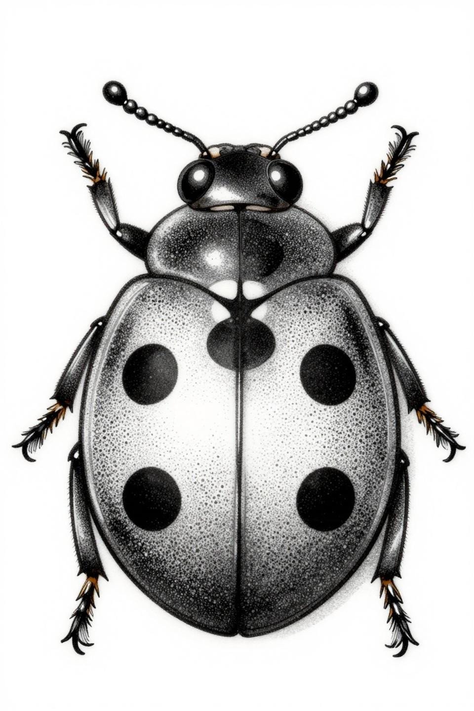 ladybug tattoo dotwork stipple flash, concentric ring frame, tonal dot density gradient dense at core to sparse at edges, zero linework, bilateral spot symmetry