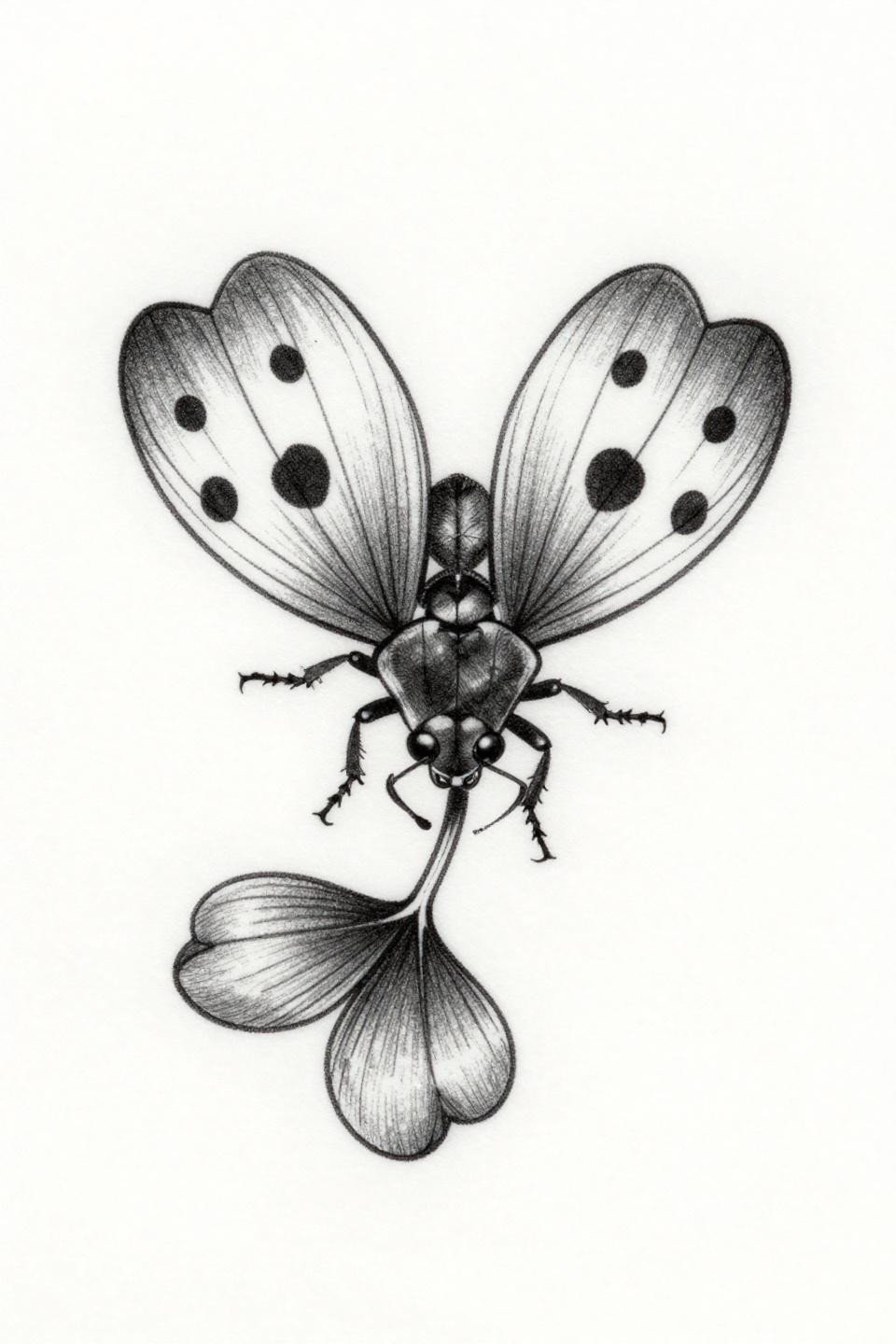 ladybug tattoo fine line minimal flash, dorsal view gripping three-lobed clover, hairline 0.5mm single-needle strokes, seven asymmetric spots, open negative space throughout