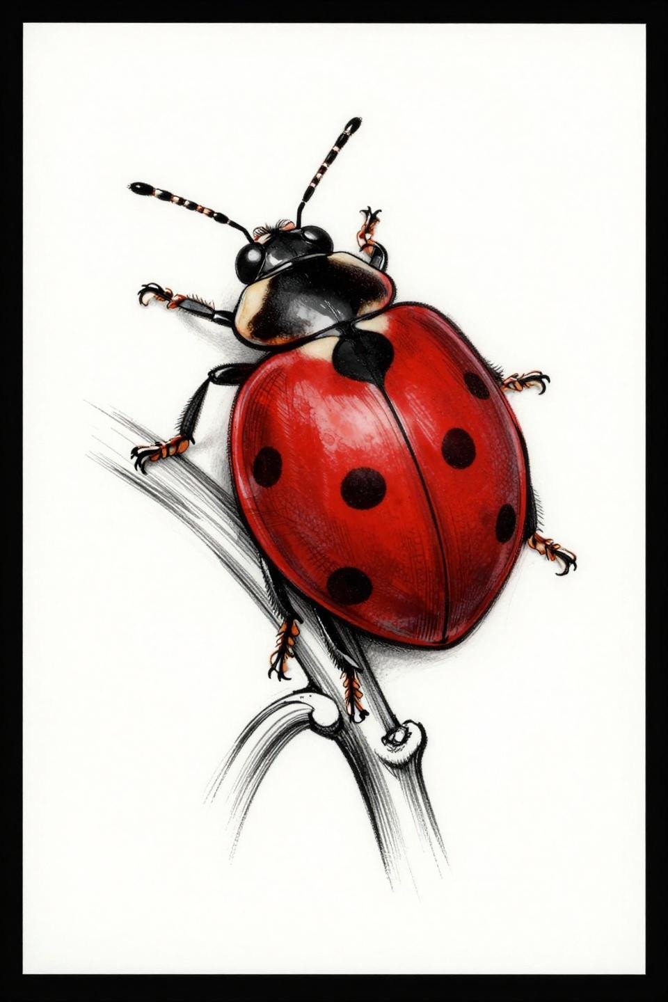 ladybug tattoo botanical scientific flash, strict profile on strawberry stem, elytra raised, feathered line weight variation, hairline 0.5mm single-needle strokes, crimson accent on black ink