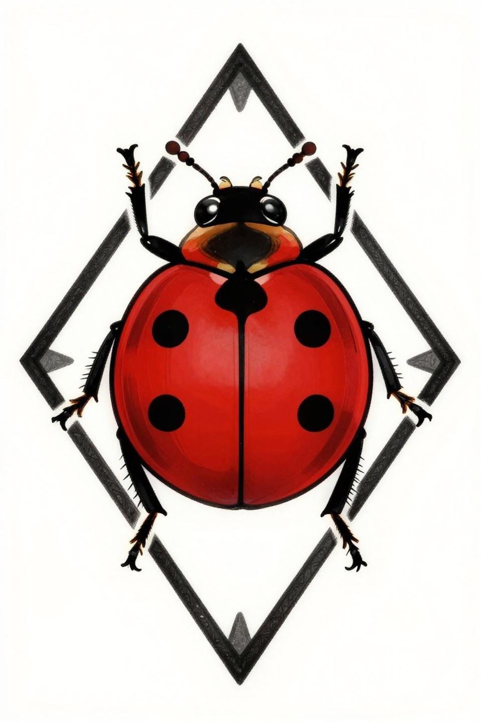 ladybug tattoo tribal geometric flash, ventral climbing view, diamond frame angular symmetry, bold 2-3pt black outlines, crimson red accent on solid black ink