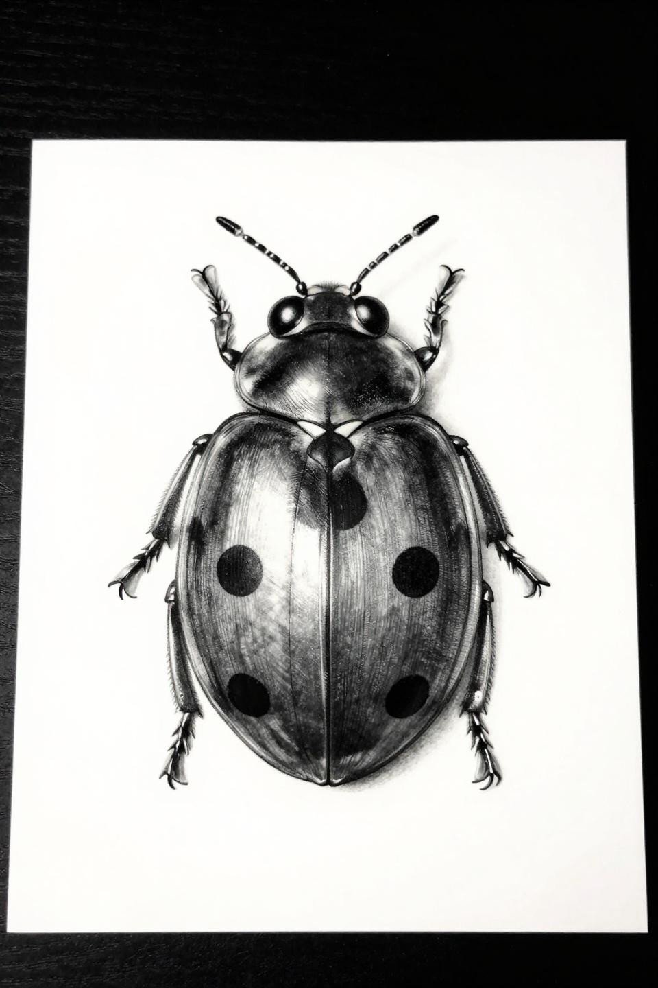 ladybug tattoo micro realism flash, hairline 0.5mm single-needle strokes, bilateral spot symmetry, grey wash dilution dense to open on white paper