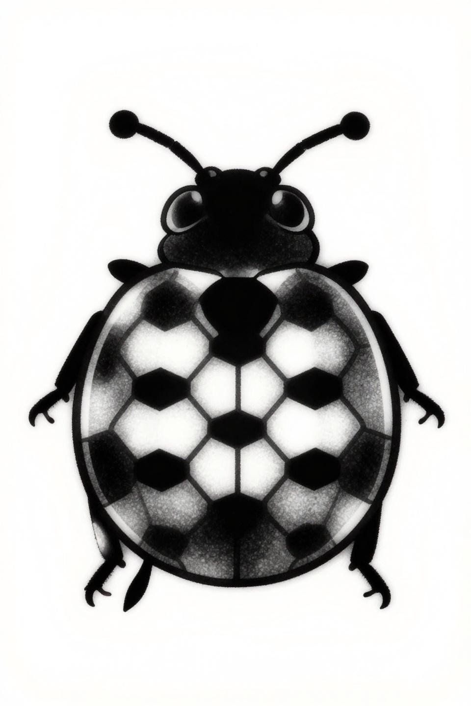 ladybug tattoo geometric blackwork flash, frontal facing view, hexagonal cell carapace segmentation, bold 2-3pt outlines, flat black fills, high contrast graphic silhouette, grey wash midtone detail