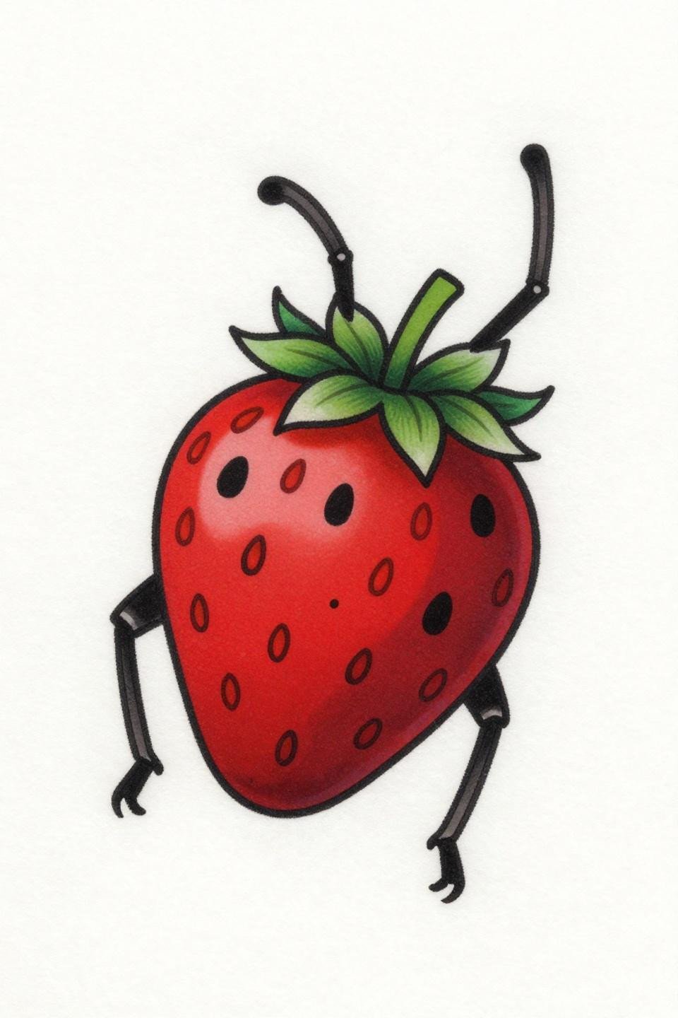 ladybug tattoo neo-traditional flash, dorsal crawl on plump strawberry, bold 2-3pt outlines, flat crimson fills, embossed seed dimples, asymmetric diagonal composition