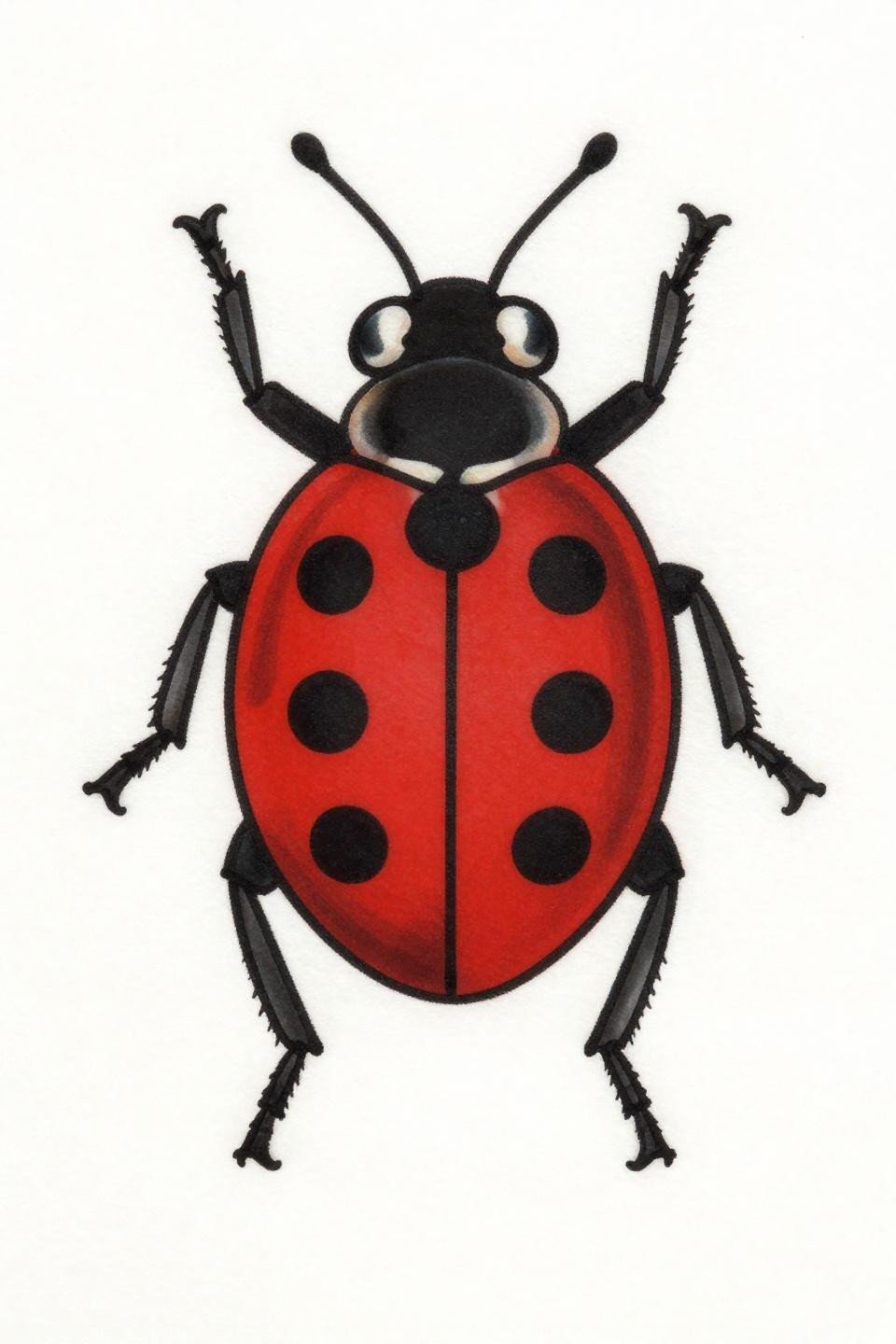 ladybug tattoo old school sailor flash, ventral upside-down view, six legs splayed starfish pose, bold 2-3pt outlines, flat crimson and black fills, bilateral symmetry