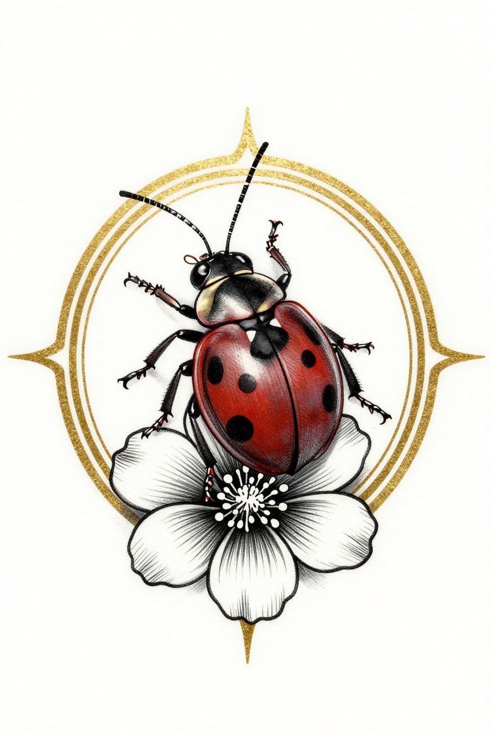 ladybug tattoo sak yant mandala flash, parallel line engraving, burnished gold and black ink, circular mandala frame, wildflower perch lateral profile