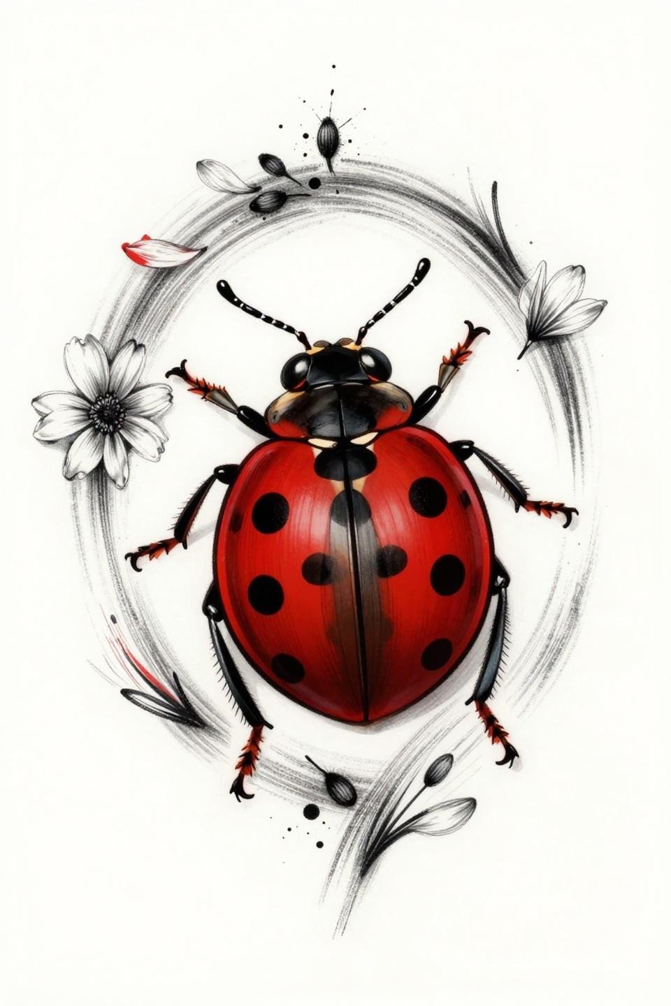 ladybug tattoo trash polka flash, open elytra mid-flight, wildflower mandala scatter, aggressive whip-shading strokes, splatter marks, crimson red accent on solid black ink