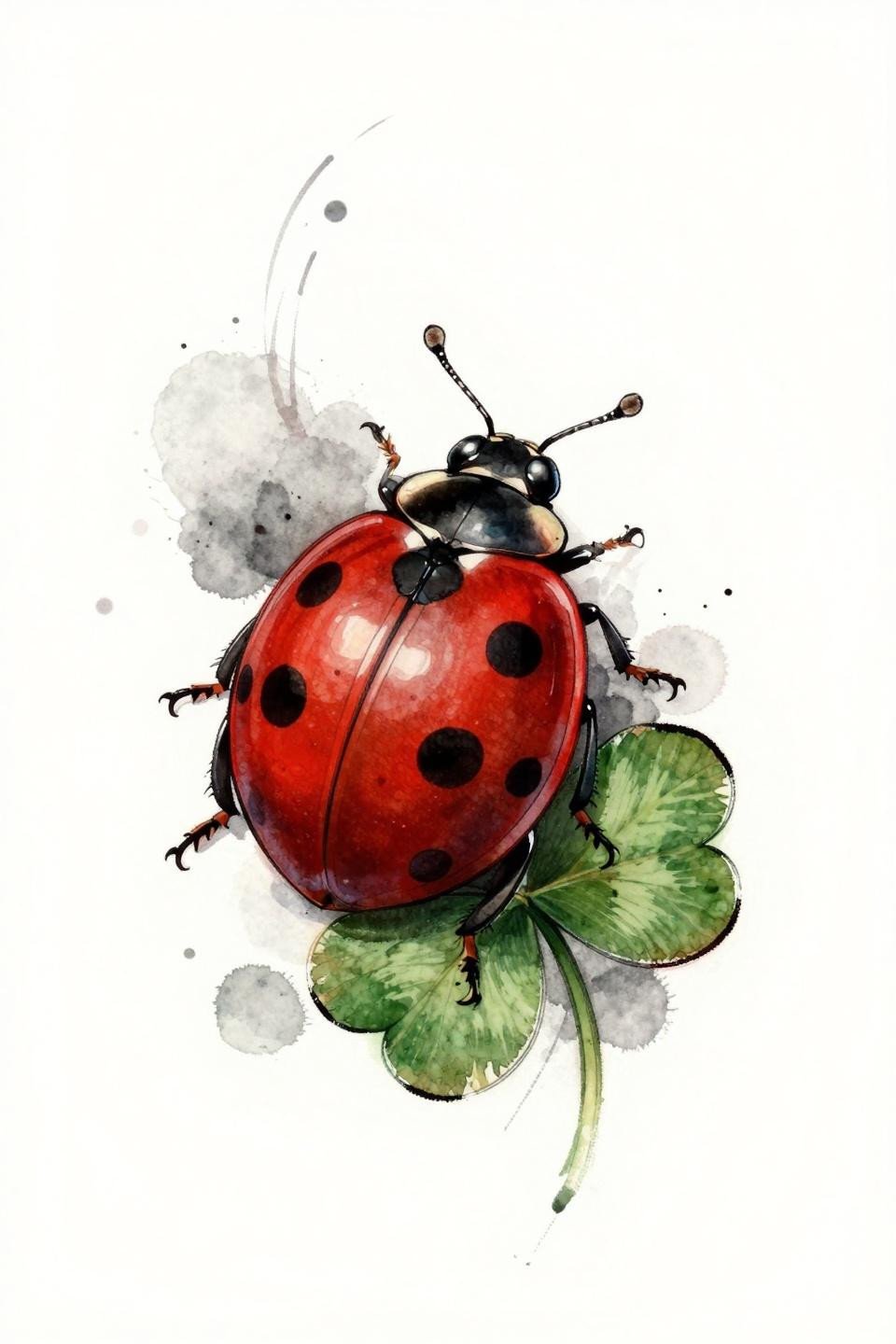 ladybug tattoo watercolor splash flash, lateral three-quarter view, elytra lifted, calligraphic brush marks, cadmium red and black ink washes bleeding outward, clover perch