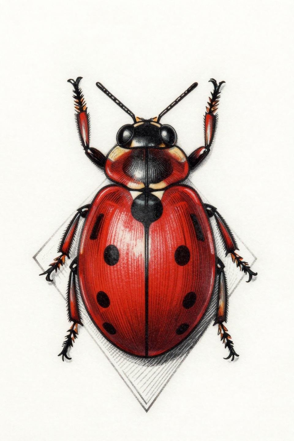 ladybug tattoo woodcut etching flash, parallel-line engraving, dense crosshatch shading, crimson accent on black ink, diamond frame, strawberry seed pattern below