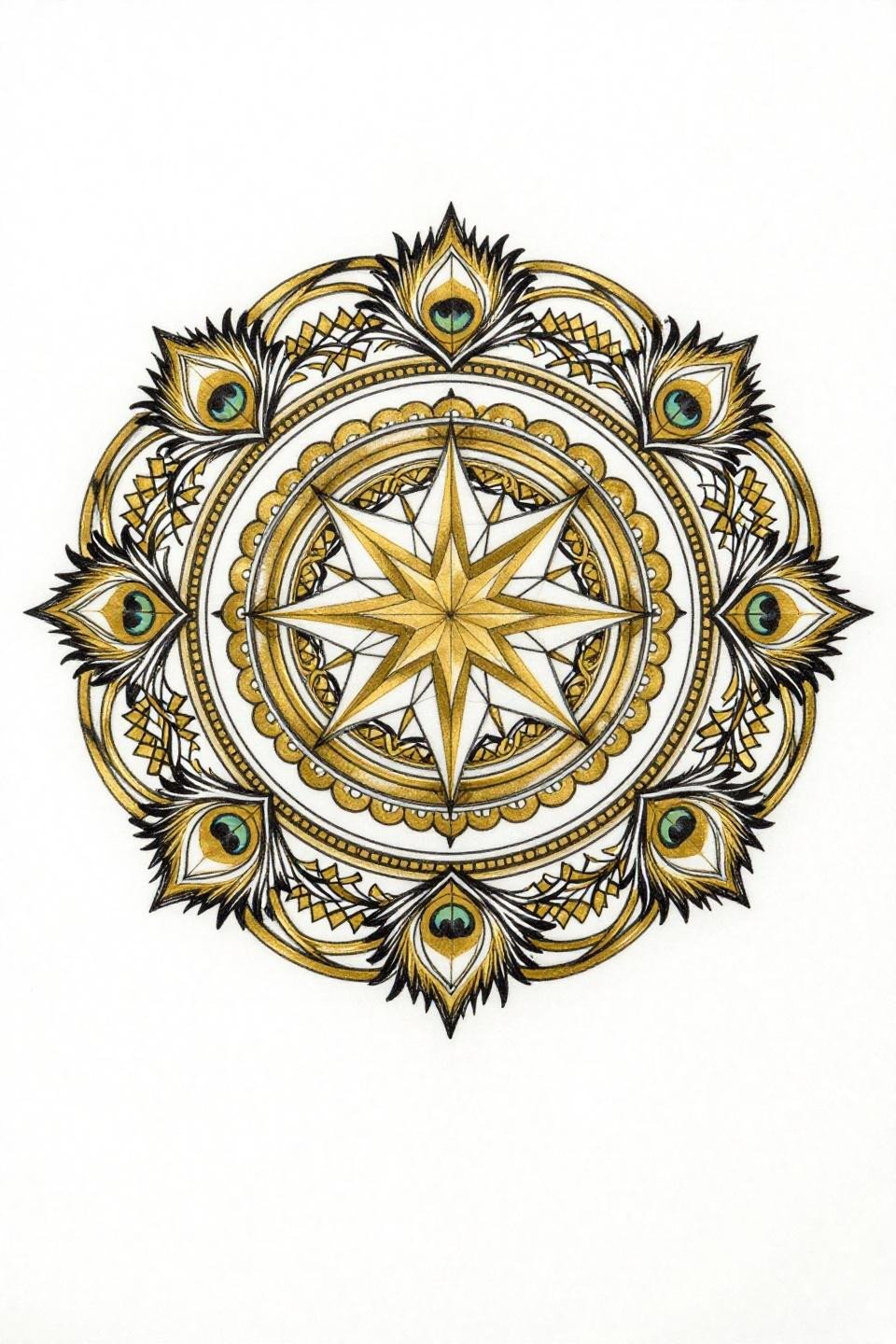 mandala mehndi design art deco flash, sixteen-pointed starburst, burnished gold and black flat fills, compass-drafted geometry, peacock eye feathers outer border