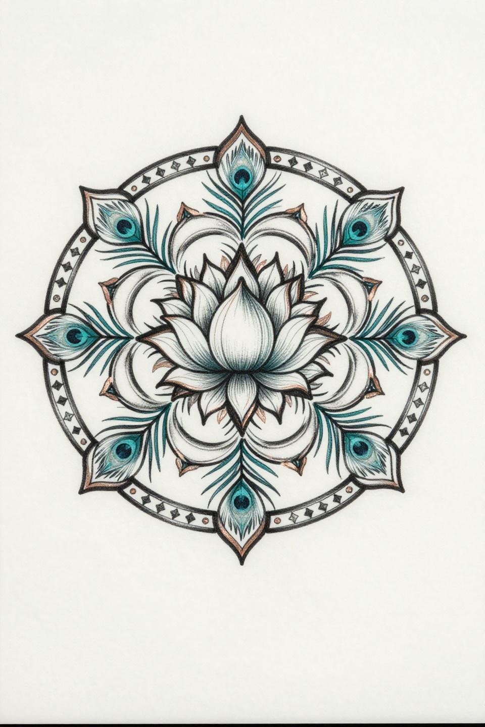 mandala mehndi design Art Nouveau flash, teardrop lotus bud center, eight peacock feather motifs, teal and copper metallic washes, diamond chain outer ring, whip shading organic linework