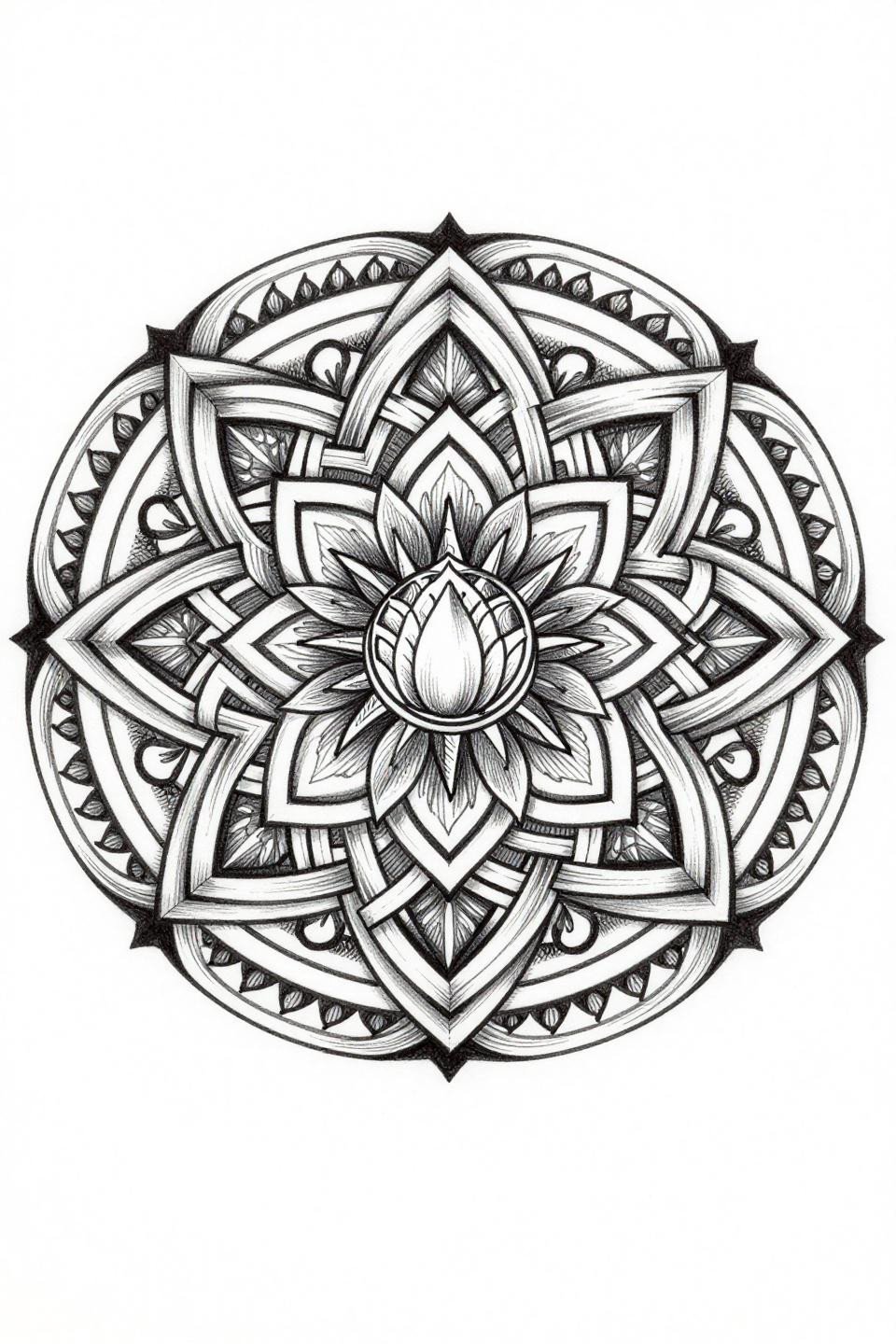 mandala mehndi design celtic knotwork flash, eight-petaled lotus center, interlocking chevron rings, fine mehndi chain outer border, lace-like negative space, crosshatch shadow mapping