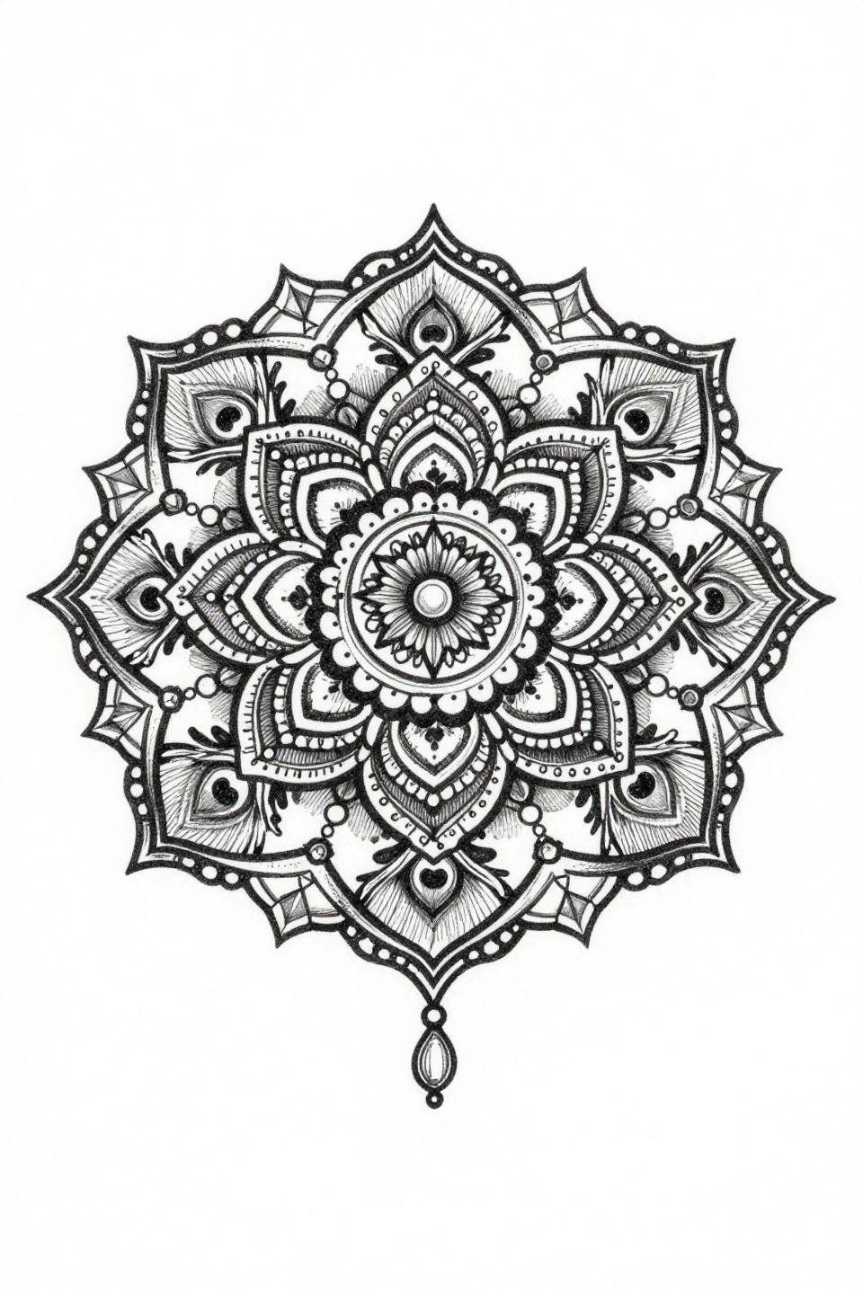mandala mehndi design etching woodcut flash, twelve-petaled rosette, parallel-line crosshatch shading, diamond chain outer border, peacock eye micro-fills, bilateral symmetry