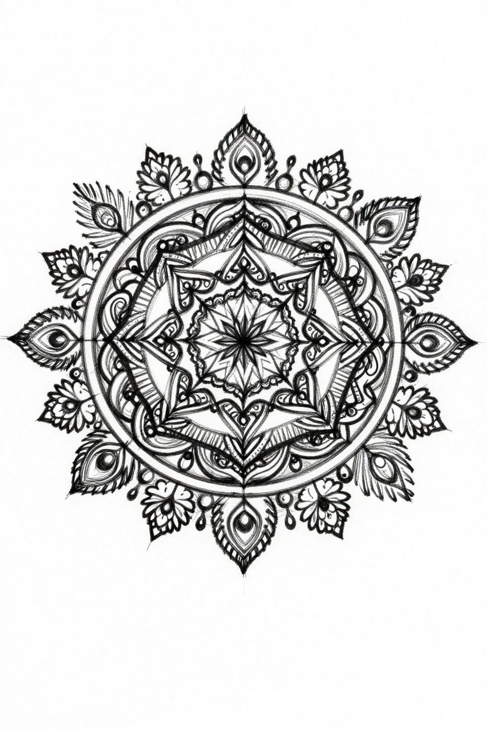 mandala mehndi design sketch raw flash, kaleidoscopic starburst center, gestural hatching, rough 2-3pt imperfect outlines, teardrop pods with peacock feather fills