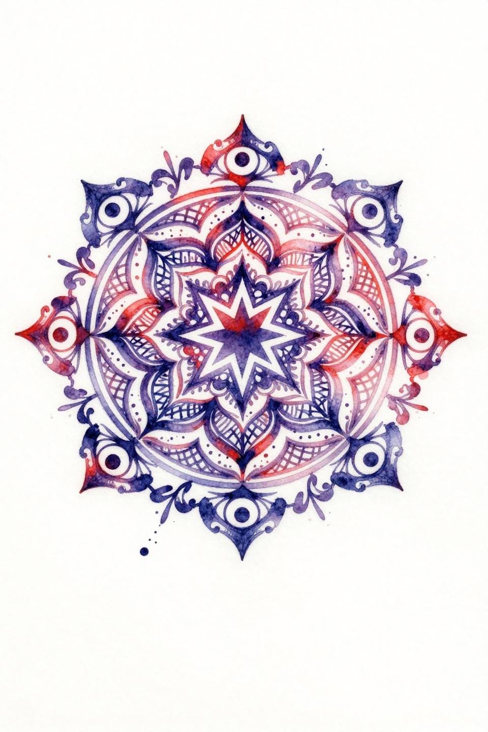 mandala mehndi design watercolor splash flash, eight-pointed star center, indigo and crimson ink washes, lotus petal rings, peacock eye outer border, calligraphic brushwork