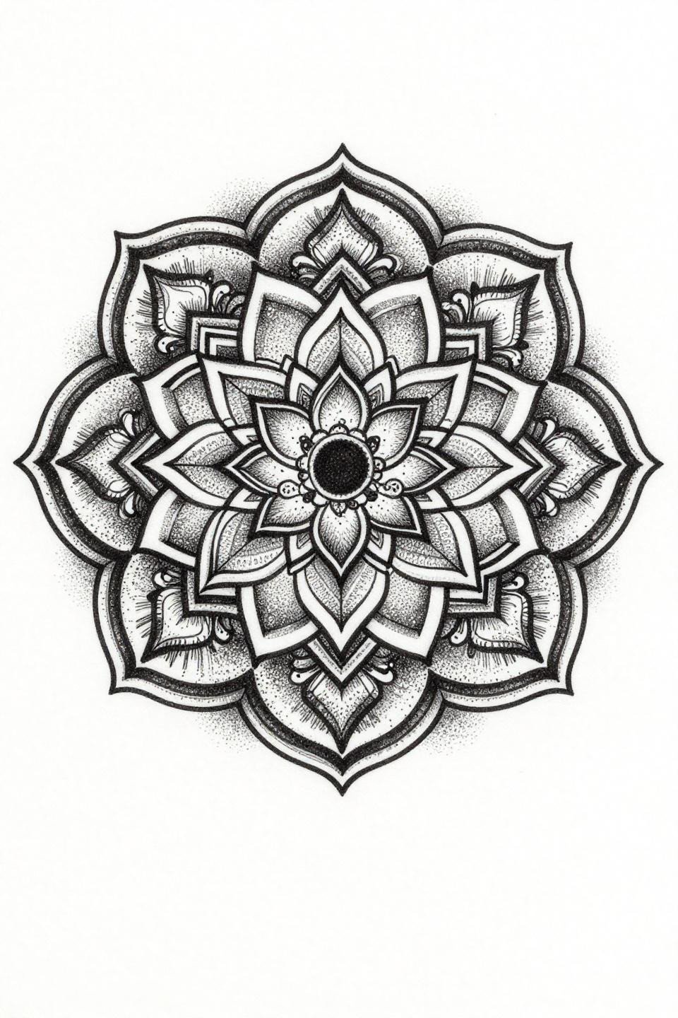 mandala mehndi design stipple dotwork flash, central lotus eight-petal array, dot density gradient core to edge, geometric ring fills, fine linear mehndi details, bilateral symmetry