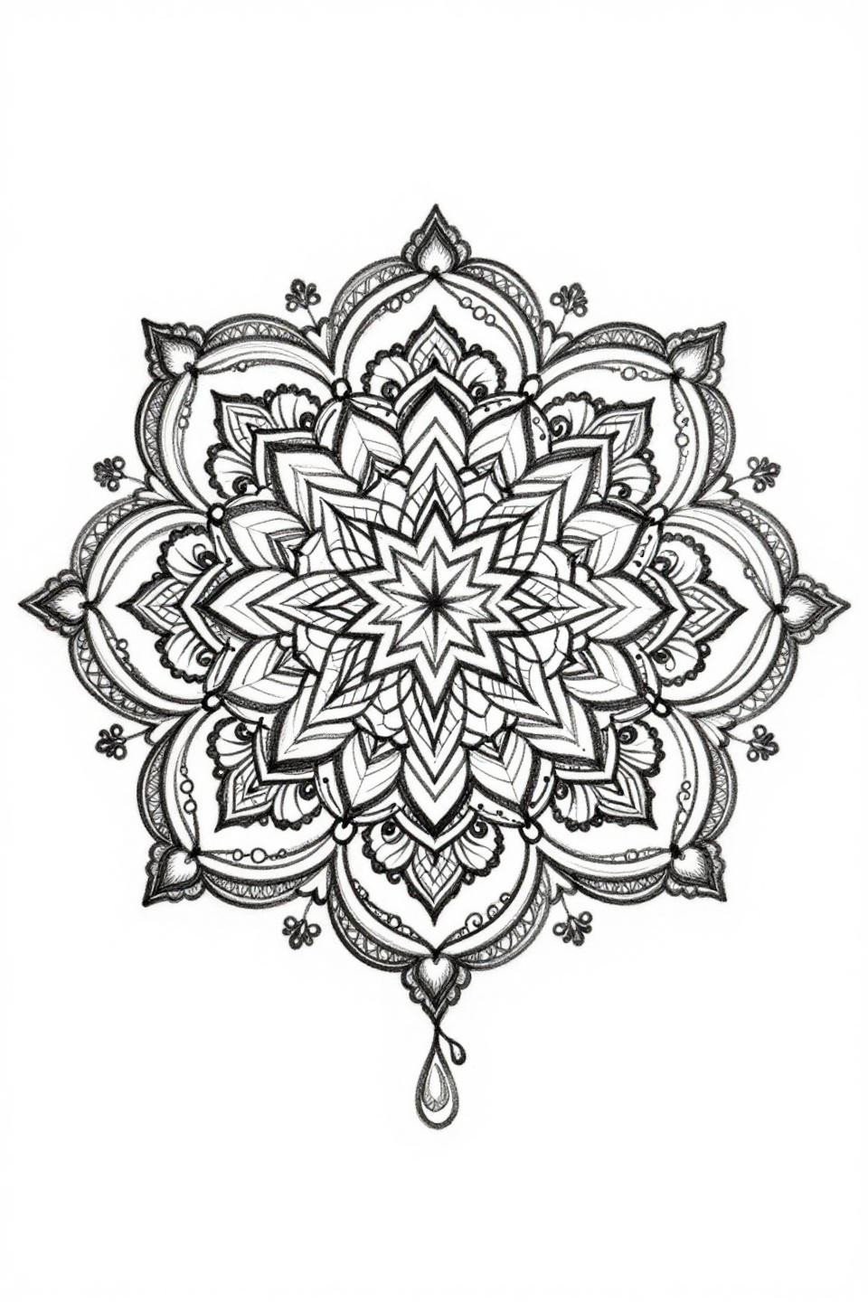 mandala mehndi design fine line minimal flash, twelve-pointed star center, hairline 0.5mm single needle strokes, teardrop clusters outer border, open negative space, no grey wash