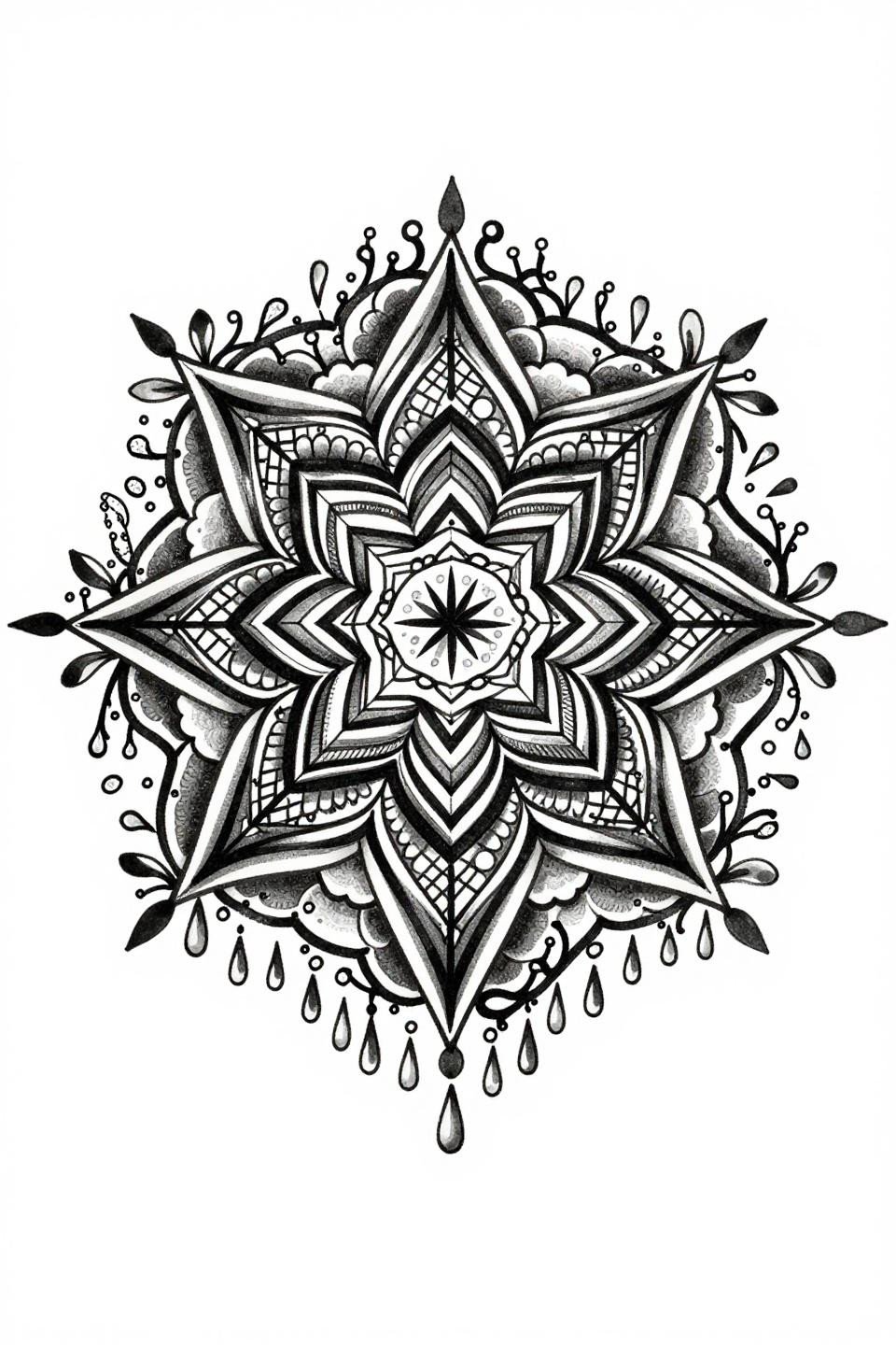 mandala mehndi design Japanese irezumi flash, hexagonal star center, bold 2-3pt black outlines, six concentric rings scalloped petals and geometric lattice, mehndi vine teardrop outer border