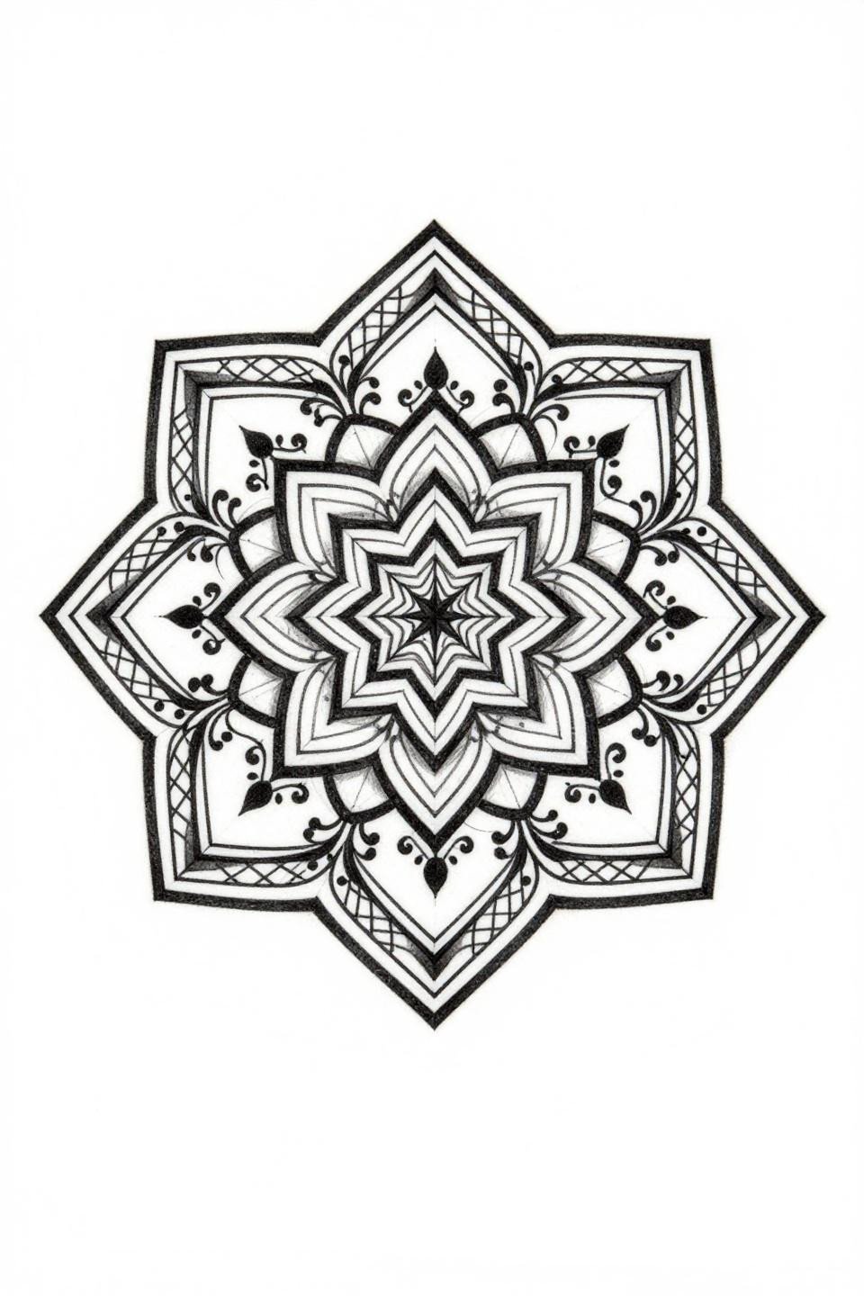 mandala mehndi design botanical scientific flash, hexagonal mandala diamond frame, central star polygon, vector-precision linework, vine tendrils, mehndi lattice teardrop panels, open negative space