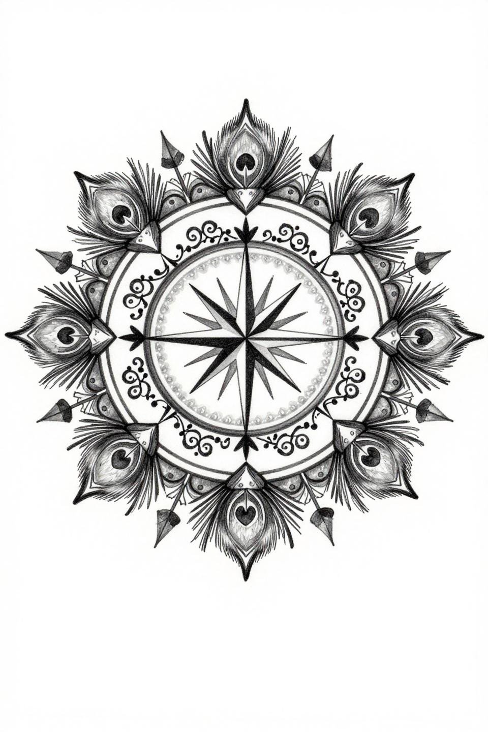 mandala mehndi design grey wash flash, sixteen-pointed compass star, four concentric rings with vine spirals, peacock tail filaments, chicano whip shading